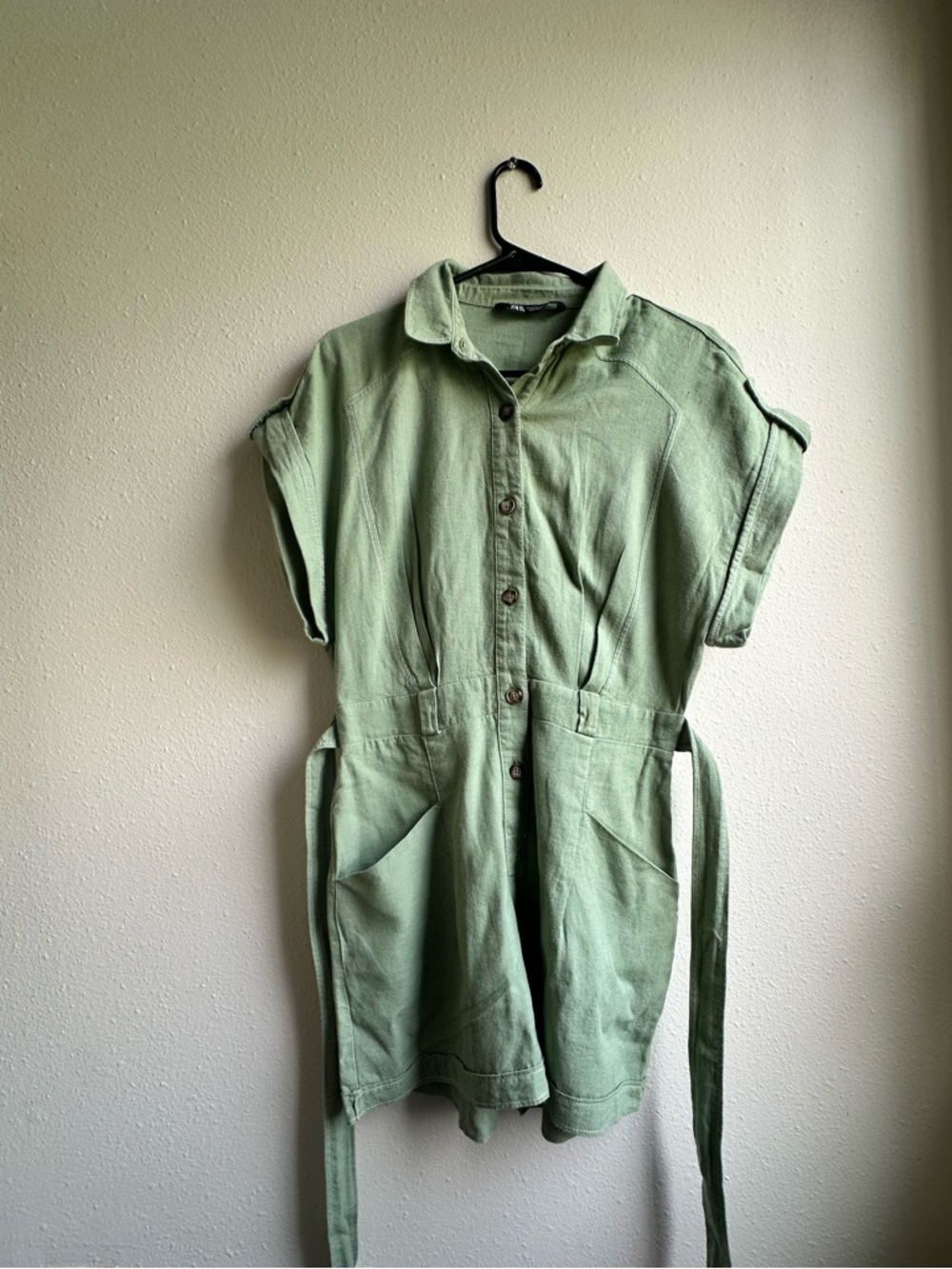 Zara Green Utility Button Down Romper with Tie Waist Size M